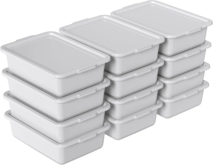 12 Pack 13 Liter Commercial Bus Tub with Lids Plastic Bus Box with Lid Gray
