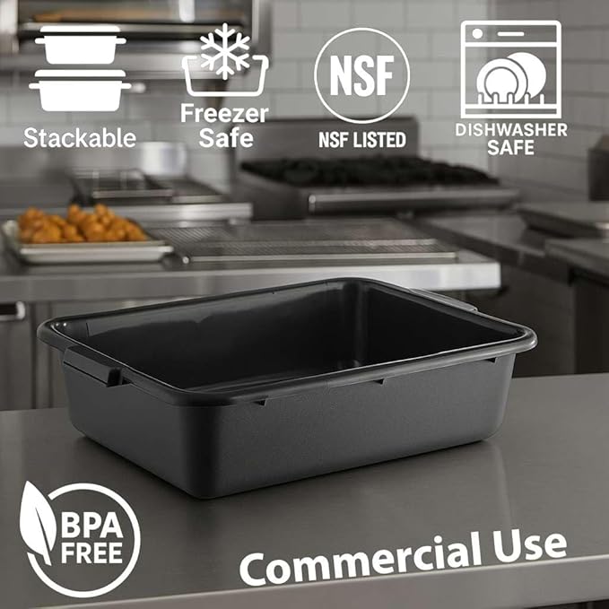 6-Pack 20 x 15 x 5 Commercial Bus Tub/Bus Box - 6.5 Gallons without Lid - Heavy-Duty Polypropylene Dish Box for Restaurants Kitchens and Foodservice - Stackable and Freezer-Safe - Black