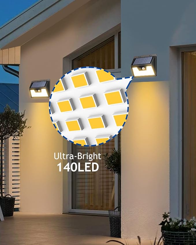 Peasur Solar Lights Outdoor Waterproof [8 Pack/140LED] Warm White Motion Sensor Light Ultra-Bright 3 Modes Solar Fence Security Lighting for Wall Garden Yard Garage Patio