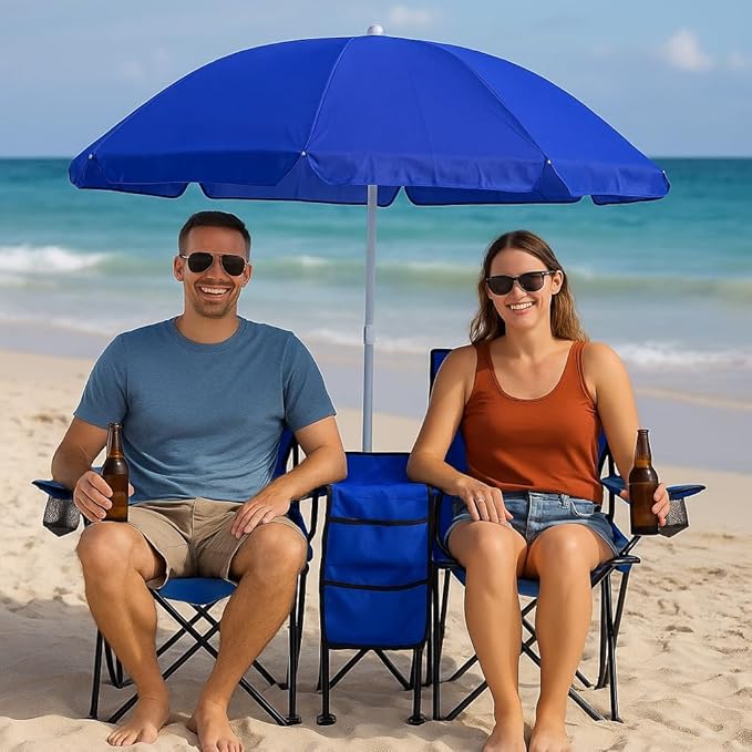 GoTEAM! Portable 2-Seat Folding Camp Chair with Cooler Umbrella &amp Cup Holders – Outdoor Picnic Beach or Tailgate Seating – Carry Case Included