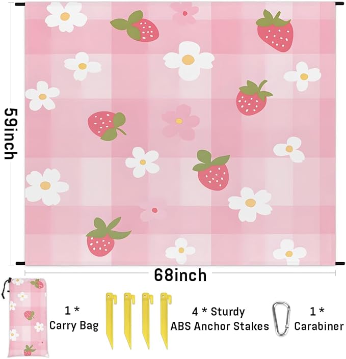 Waterproof Sandproof Beach Blanket 59''×68'' Strawberry Decoration Polyester Outdoor Picnic Blanket with 4 Stakes &amp Storage Bag for BeachCampingVacation Pink