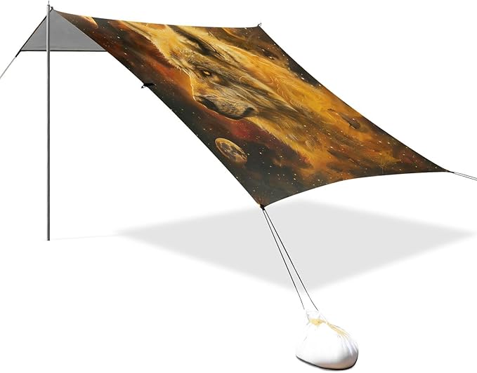 ALAZA Golden Wolf Galaxy Beach Tent Sun Shelter UPF50+ Protection Beach Shade Canopy w/ 4 Sandbags for Outdoor Camping Fishing Backyard Fun Picnic 10x9 ft