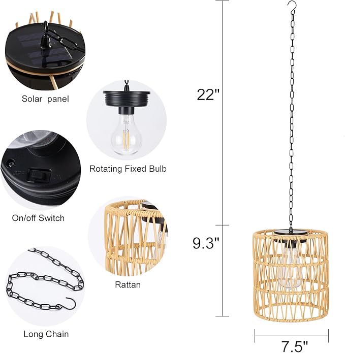 Livinlarge Solar Chandelier LanternOutdoor Rattan Pendant LightsWaterproof Boho Hanging Lamps with Edison Bulb for Gazebo Tree Porch Yard Porch Patio Garden Backyard Decor
