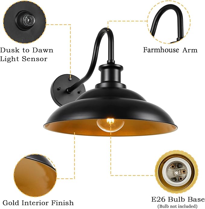 Dusk to Dawn Outdoor Barn Light Fixtures 16 Inch Dome Large Wall Sconce Farmhouse Exterior Wall Mount Light for House Garage Patio Doorway 2 Pack