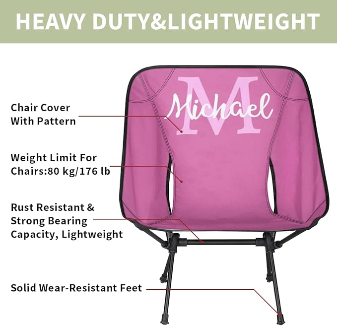 Custom Rose Pink Portable Camping Chair Personalized Backpacking Chair with Name Lightweight Foldable Chairs for Hiking Beach