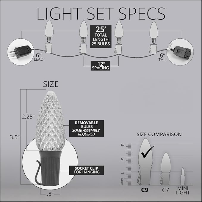Wintergreen Lighting 25 C9 OptiCore LED Commercial Outdoor Christmas Lights – Heavy Duty Christmas String Lights Green Wire (25 ft Warm White)