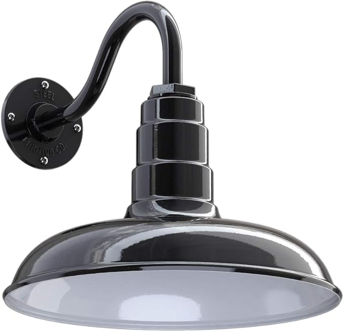 Steel Lighting Co. Topanga Barn Light | Outdoor Wall Mounted | Farmhouse Garage Light Made in America | 14 inch Dome | 11 inch Gooseneck | Black Exterior/White Interior