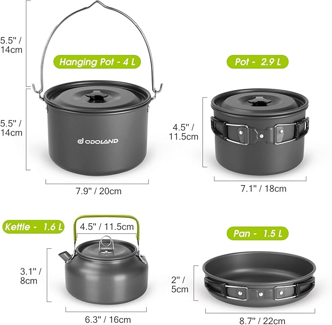 Odoland 39pcs Camping Cookware Mess Kit Non-Stick Large Size Hanging Pot Pan Kettle with Base Dinner Cutlery Sets for 6 and More Cups Dishes Forks Spoons Kit for Outdoor Camping Hiking Picnic