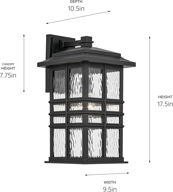 Kichler Beacon Square 17.25 1-Light Outdoor Wall Light with Clear Hammered Glass in Textured Black for Exterior Doors Garage Porch or Patio (17.25 x 9.5) 49831BKT