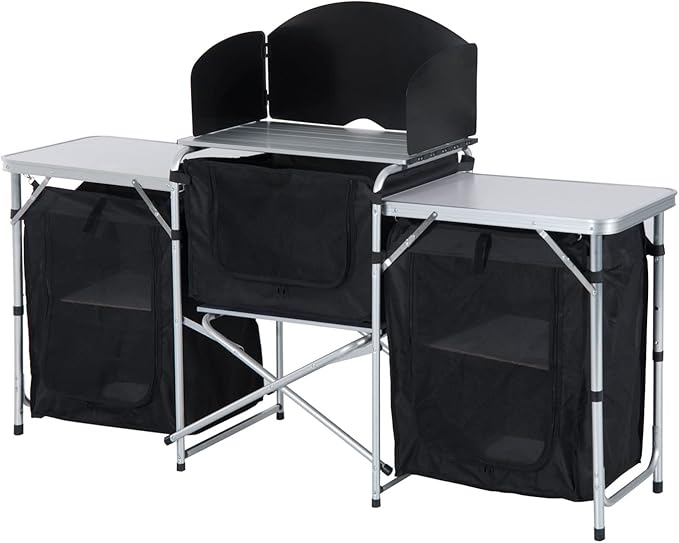 Aluminum Portable Camping Kitchen Fold Up Cooking Table with Windscreen and 3 Enclosed Cupboards for BBQ Party Picnics Backyards