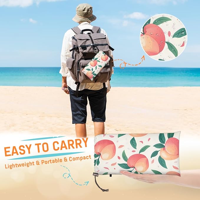 Waterproof Sandproof Beach Blanket 59''×68'' Spring Fruits Polyester Outdoor Picnic Blanket with 4 Stakes &amp Storage Bag for BeachCampingVacation Peach