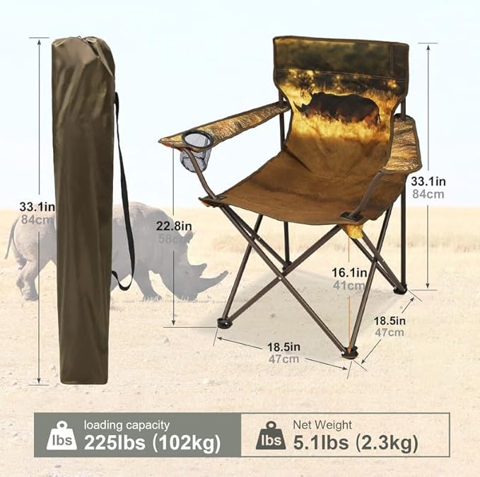 2 Pcs Animal Pattern Camping ChairFolding Backpacking Lightweight Beach Chair w/Cup HolderSide PocketCarry BagPortable Adults Lawn Chair for Family OutdoorHikingPartiesRhinoceros