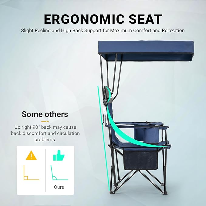 Overmont 2PCS Camping Chair with Canopy Shade Cooler Bag - Oversized Folding Beach Chair with High Back Support Big Cup Holder - Portable Lawn Chair for Outdoor Travel Sports Fishing - Support 330lbs