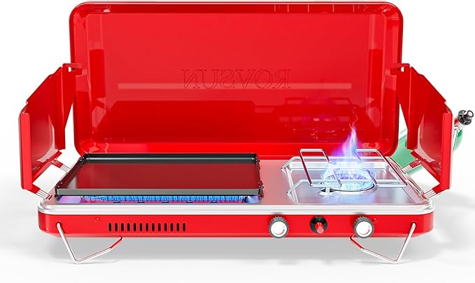 ROVSUN 2-in-1 Portable Camping Stove &amp Propane Grill with Enamel Griddle &amp Piezo Igniter Tabletop Camp Stove with Built-in Handle Wind Panel &amp Regulator for Camping Tailgating Grilling