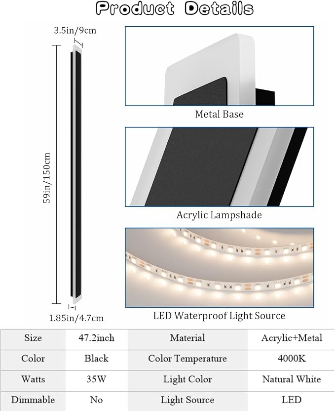 47.2In 4000K Long Outdoor Wall Light IP65 WaterproofModern Black Exterior Wall Mount Lighting for Porch Courtyard1Pack