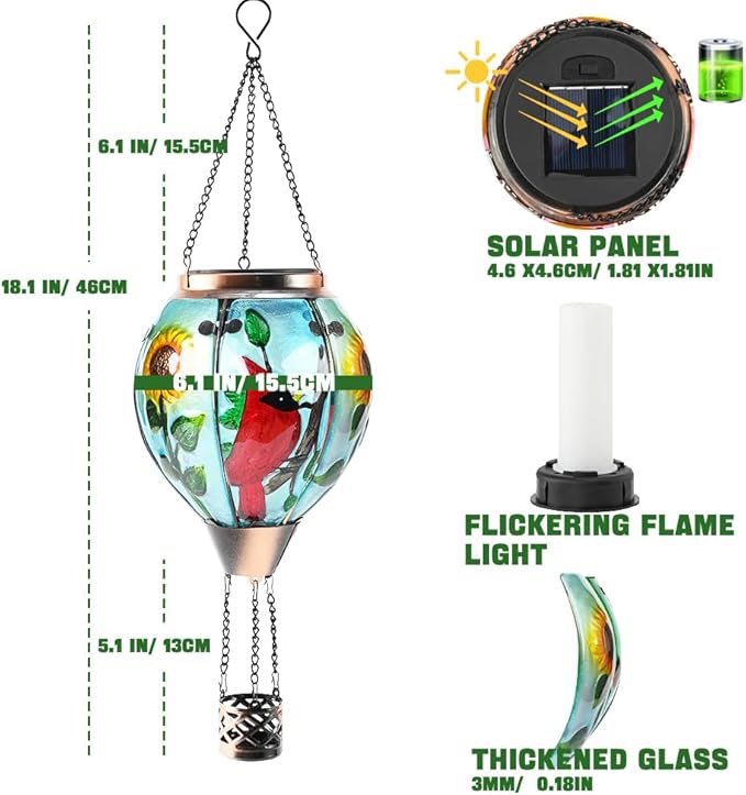 Hot Air Balloon Solar Lantern - Cardinal Bird Glass Lantern Simulated Flickering &amp Dancing Flame Outdoor Hanging Yard Light Waterproof IP65 for Patio Lawn Porch Decor Gift