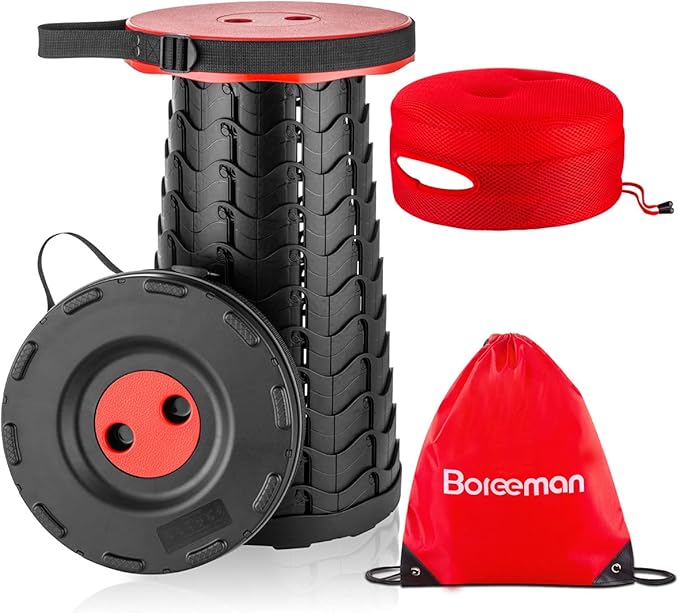 Boreeman Upgraded Folding Stool with Cushion Lightweight Yet More Sturdy with Load Capacity 400lbs Portable Collapsible Stool Retractable Stool for Camping Fishing Hiking BBQ (Red)