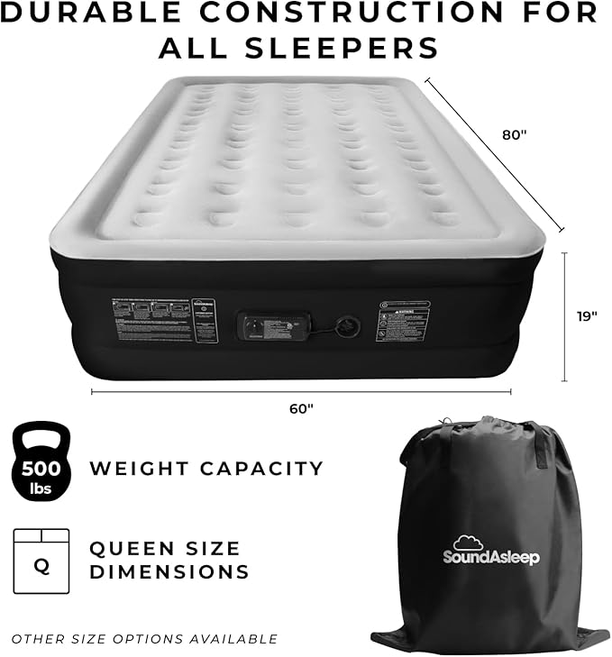 SoundAsleep Dream Series Luxury Air Mattress with ComfortCoil Technology &amp Built-in High Capacity Pump for Home &amp Camping- Double Height Adjustable Inflatable Blow Up Portable - Queen Size
