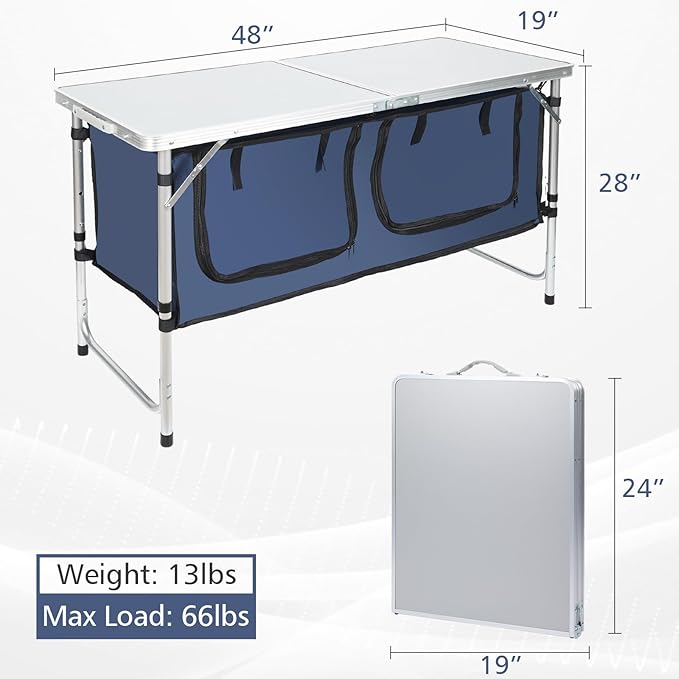 Camping Table Folding Camping Table with Storage Portable Lightweight 3 Height Adjustable Aluminum Outdoor Table for BBQ Picnic Camping Hiking Beach and Indoor Blue