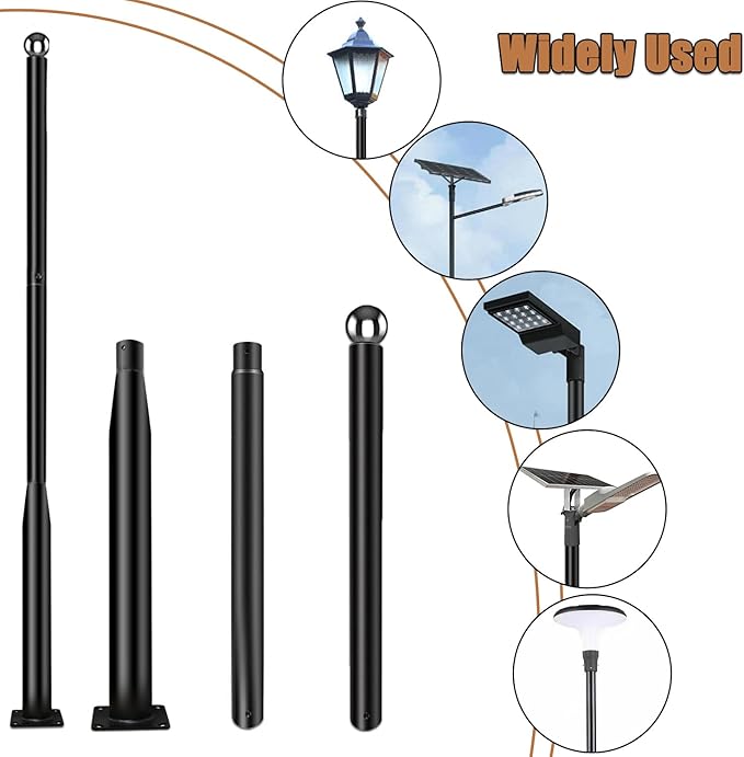 Street Light Pole 10ft Tall - Black Outdoor Adjustable Metal Street Lamp Post for Lights with Mounting Rebar Cage