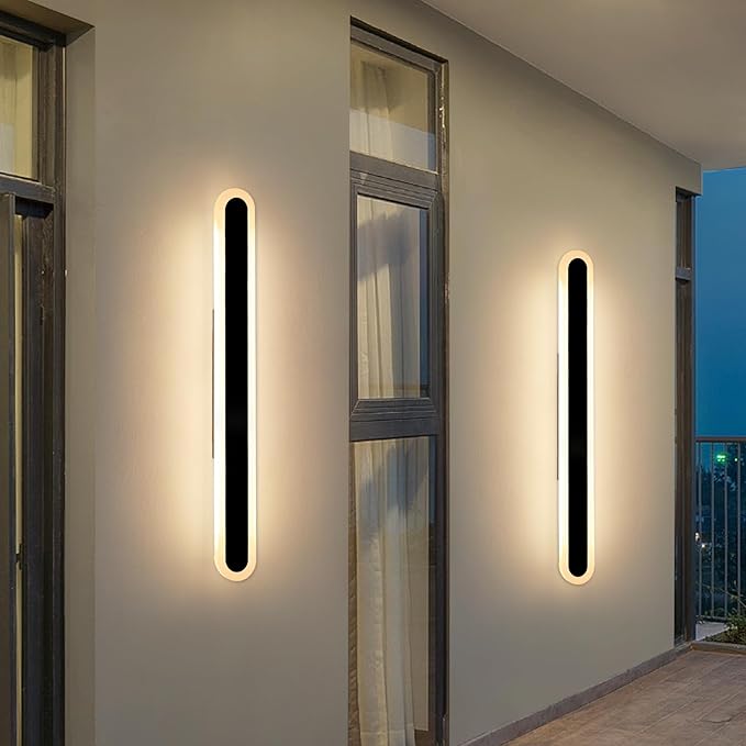 2 Pack 39.3inch Modern Outdoor Wall Light Fixture IP65 Waterproof Oval LED Wall Mounted Sconce 3000K Warm White 36W Black Strip Exterior Lighting for House Backyard Garden Garage