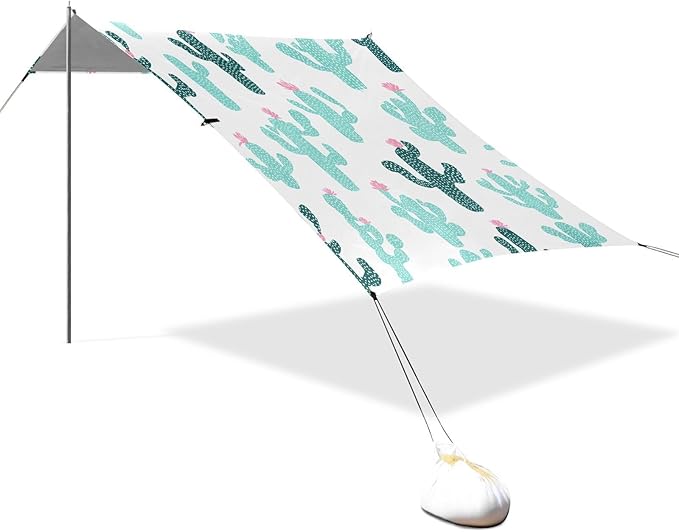 Bolaz Beach Canopy Tent Sun Shade9'×10.5' Large Family Beach Shade UPF50+- Outdoor Shade for Camping Trips FishingCute Turquoise Cactus Pattern