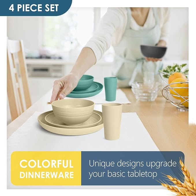 Teivio 32-Piece Kitchen Plastic Wheat Straw Dinnerware Set Service for 8 Dinner Plates Dessert Plate Cereal Bowls Cups for Everyday Dining Unbreakable Plastic Outdoor Camping Dishes Colorful