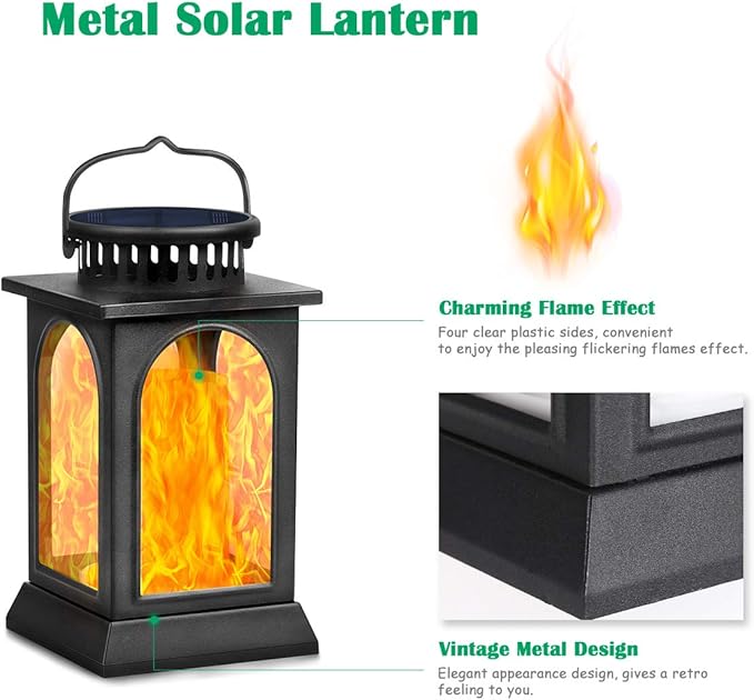 TomCare Solar Lights Flickering Flame Upgraded Metal Solar Lantern Outdoor Hanging Decorative Lanterns Heavy Duty Solar Powered Waterproof Outdoor Lighting for Patio Garden Deck Yard 2 Pack (Black)