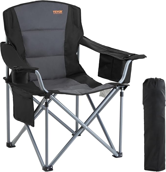VEVOR Oversized Camping Folding Chair Portable Heavy Duty Outdoor Quad Lumbar Back Padded with Side Pockets Cup Holder and Cooler Bag for Beach Lawn Picnic Fishing Backpacking Black