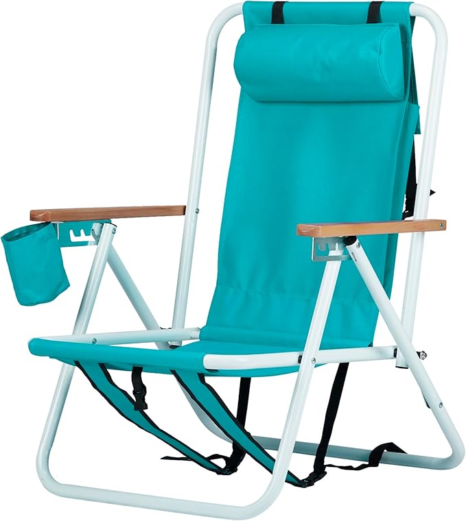 1 Pcs Folding Backpack Beach Chair 4 Position Portable Camping Chair with Headrest Cup Holder and Wooden Armrests (Green)