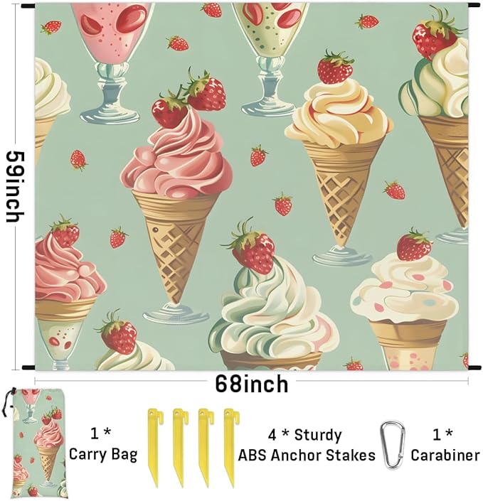 Waterproof Sandproof Beach Blanket 59''×68'' Cup Ice Cream Polyester Outdoor Picnic Blanket with 4 Stakes &amp Storage Bag for BeachCampingVacation Lime Green