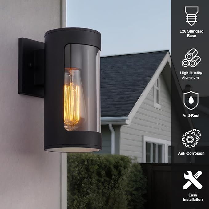 Cerdeco Black Outdoor Wall LightsCylinder Aluminum Porch Light with Transparent GlassModern Outdoor Wall Sconces2 Pack