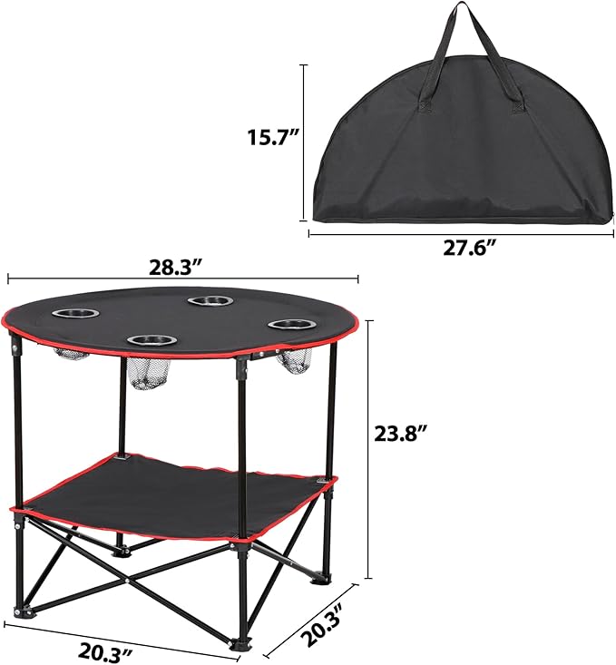 HomGarden 28 Portable Folding Picnic Table Outdoor Camp Table Round 2-Tier with 4 Cup HoldersPortable Tables Folding for BBQ Fishing Beach Table for Party Black