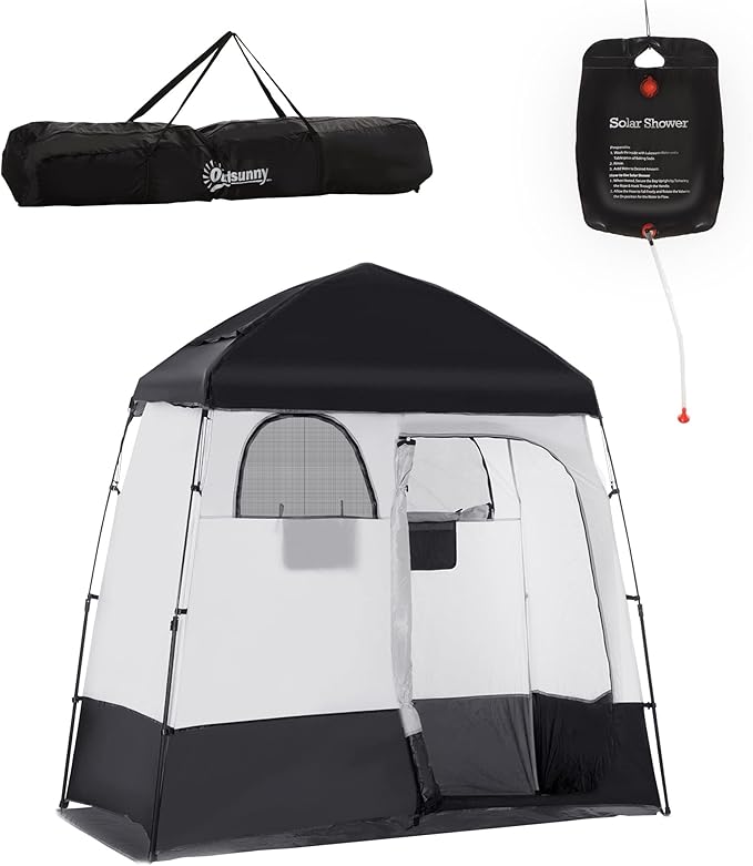 Outsunny Shower Tent Pop Up Privacy Shelter for Camping Dressing Changing Room Portable Instant Outdoor Shower Tent Enclosure w/ 2 Rooms Shower Bag Floor and Carrying Bag Black