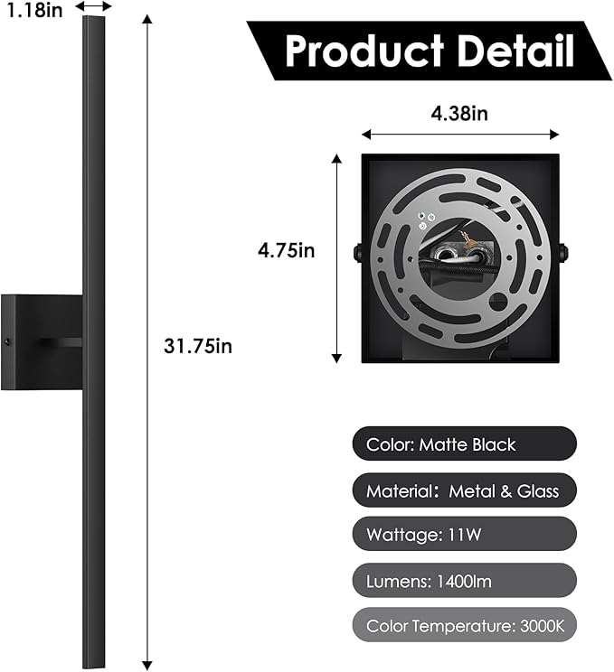 BesLowe 2-Pack 31.75inch Long Outdoor Wall Lights Modern LED Exterior Lighting Fixtures Wall Mount Waterproof Porch Lights Outdoor Wall Sconces Black Outside Lights for House Front Door Garage