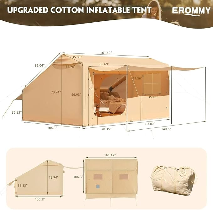 EROMMY 4/6/8/12 Person Inflatable Tent with Skylight 4 Season Blow Up Tents with Hand Pump for Outdoor Camping &amp Hiking Easy Set-up Windproof Sunproof Waterproof