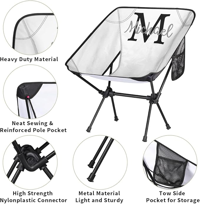 Custom White Portable Camping Chair Personalized Backpacking Chair with Name Lightweight Foldable Chairs for Hiking Beach