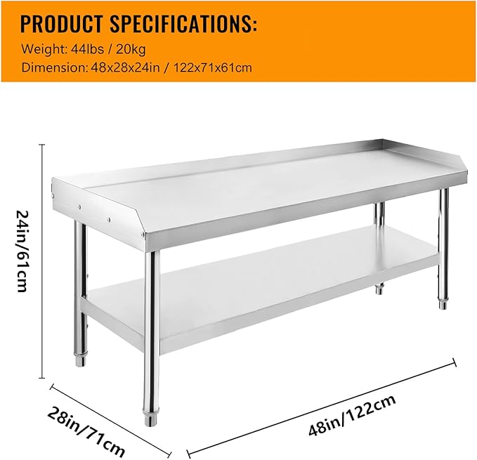 Stainless Steel 48x28x24 in Equipment Grill Stand Table 1000 LBS Top Shelf 220 LBS Bottom Shelf Adjustable Legs 2 in Edge Baffle for Hotel Home Commercial Restaurant Kitchen