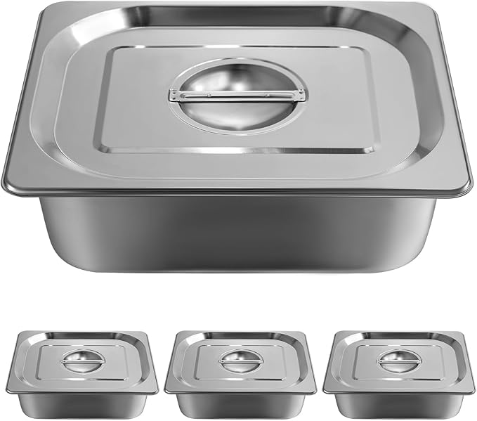 1/2 Size Hotel Pan with Lids 4 Pack 4'' Deep Steam Table Pan 12.8''L x 10.4''W Stainless Steel Pans for Home Party Hotel Buffet