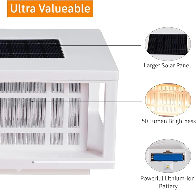 HUYIENO Solar Post Cap Lights Large Outdoor Deck Fence Post Lights 50Lumens Brightness Warm/Bright White Lighing Modes for 4x4 5x5 Vinyl Posts 4x4 5x5 6x6 Wooden Posts (White 2pk)
