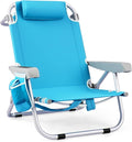 GYMAX Beach Chair 330lbs Backpack Lounger with 5-Position Backrest Storage Bag Side Pocket Towel Bar &amp Headrest Foldable Low Beach Lounge Portable Aluminum Lay Out Camp Chair (1 Light Blue)