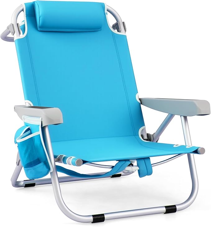 GYMAX Beach Chair 330lbs Backpack Lounger with 5-Position Backrest Storage Bag Side Pocket Towel Bar &amp Headrest Foldable Low Beach Lounge Portable Aluminum Lay Out Camp Chair (1 Light Blue)