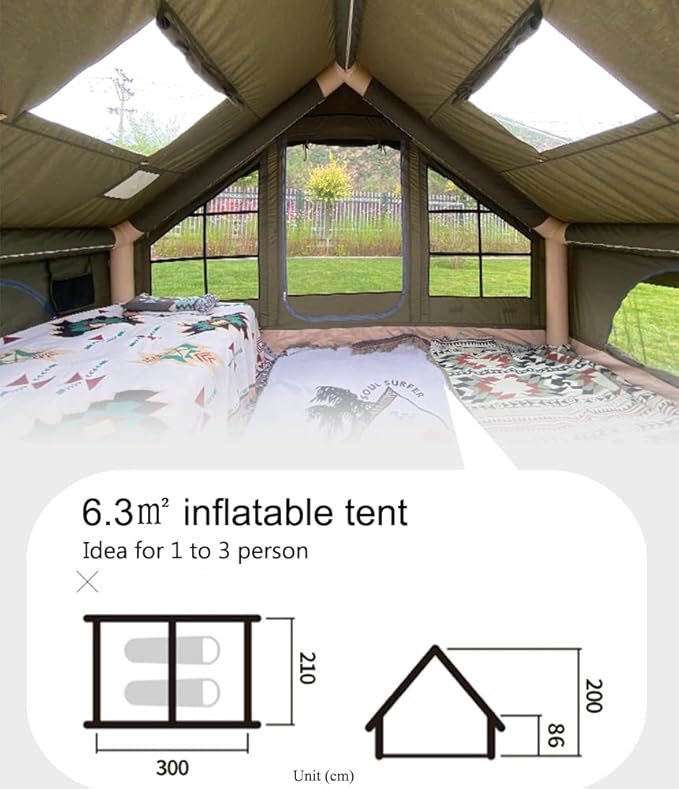 Large Luxury Inflatable Camping Tent Cotton Canvas Tent Breathable and Waterproof Air Tent with Skylight and Stove Jack Hole for for 4-6-8-10 Person Family Camping