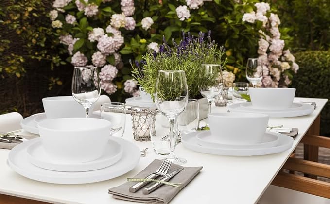 12-Piece Plastic Dinnerware Set Plates and Bowls Sets Service for 4 Matte White Melamine Plates Unbreakable Plastic Outdoor Camping Dishes Decor Dishwasher Safe