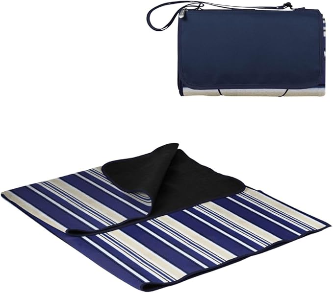 PICNIC TIME Outdoor Picnic Blanket Tote 59x51 Foldable Beach &amp Camping Blanket with Soft Fleece Water-Resistant Bottom Adjustable Strap &amp Zippered Pocket (Blue Stripe Navy Flap)