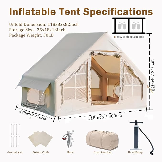 Inflatable Tents for Camping Blow Up Tent House with Hand Pump Easy Setup 4 Season Waterproof Windproof Oxford Air Tent Cabin House for Outdoor Camping Adult Fit for 2-6 Person (10FTx6.6FT)