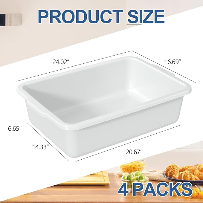 4 Pack Extra Large Bus Tub 32 L White Utility Bus Box Plastic Dish Tub for Restaurant