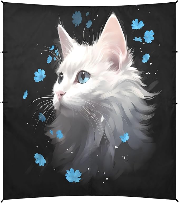Camping Sun Shelters White Cat with Little Blue Flowers Beach Canopy 126 * 110.2in