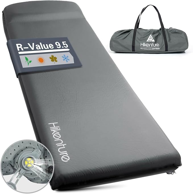 Hikenture Self Inflating Sleeping Pad for Camping 3'' Ultra Thick Camping Pad with Pillow 9.5 R-Value Insulated Camping Mattress 4-Season Inflatable Foam Camping Mat for Car Tent Cot