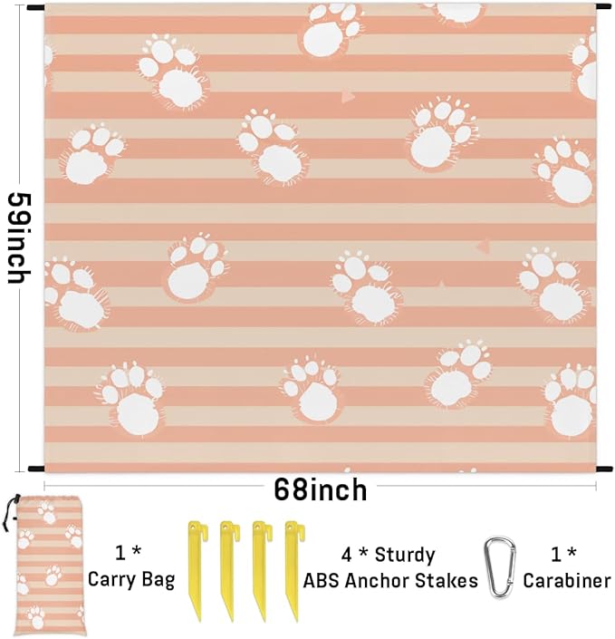 Waterproof Sandproof Beach Blanket 59''×68'' Cats Polyester Outdoor Picnic Blanket with 4 Stakes &amp Storage Bag for BeachCampingVacation Paw Print